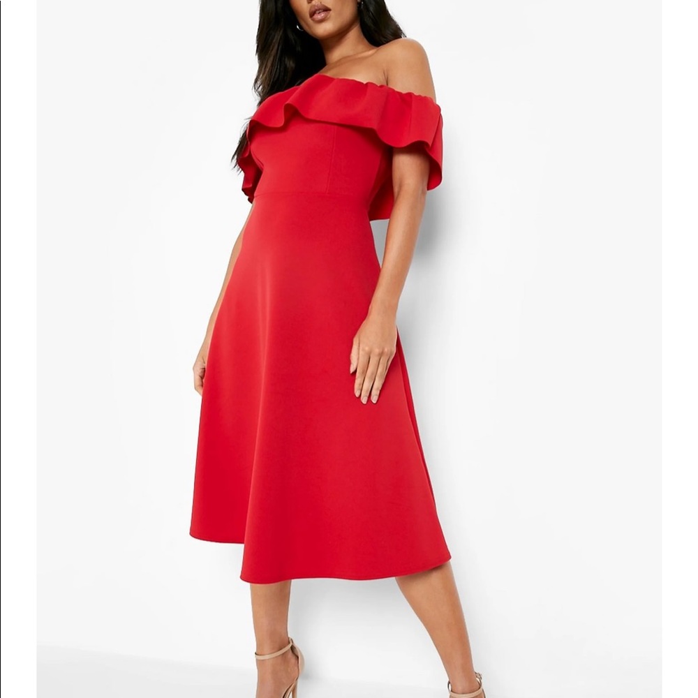 Boohoo Petite Off The Shoulder Skater Midi Dress in Red